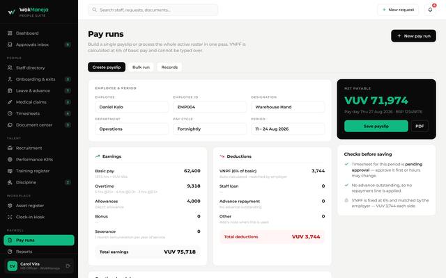 WokManeja HRMS: payslip builder with VNPF auto-calculated